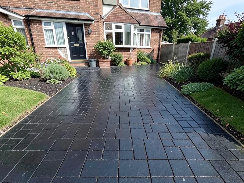 Driveway paved with dark granite block setts