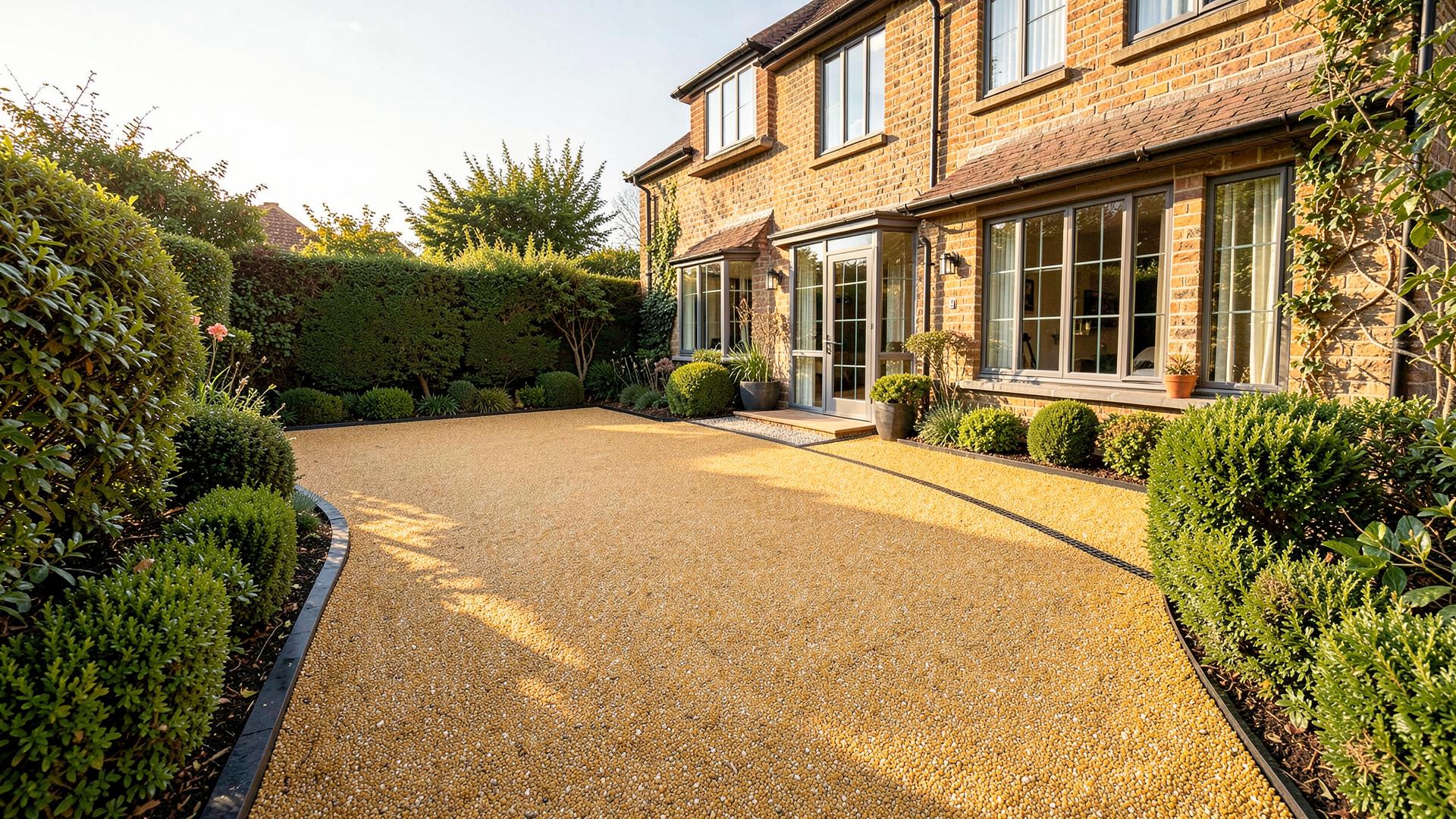Golden resin-bound driveway leading to a British home